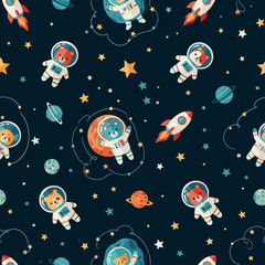 Adorable astronaut bears rockets and planets in a charming seamless space pattern for kids
