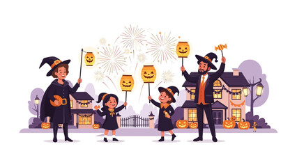 Halloween Family Gathering: Illustration capturing the heartwarming spirit of Halloween, featuring a family dressed in costumes, reveling in the festive atmosphere.