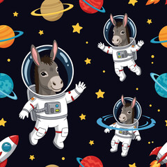 Adorable astronaut donkeys float in a starry cosmic pattern with planets and rockets Space adventure