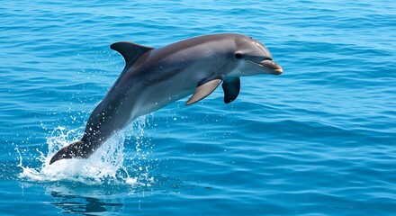 Playful Dolphin Leaping from Bright Blue Ocean in Sunlit Seascape – Realistic Marine Life Scene