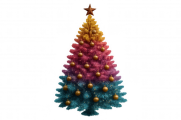 Christmas tree with rainbow gradient color decorating for holiday celebration, star topping, transparent background