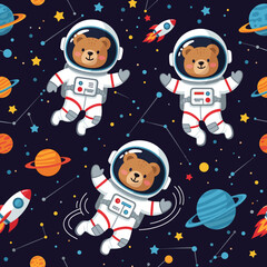 Cute astronaut bears floating in space with planets and rockets Perfect for kids designs