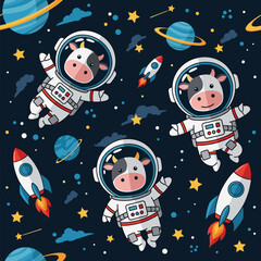 Adorable astronaut cows exploring colorful outer space with planets stars and rockets Childhood fun
