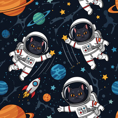 Cute black cats in astronaut suits explore colorful space with planets stars and rockets
