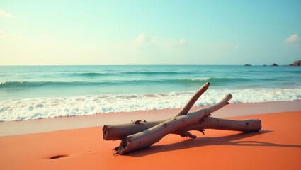 A tranquil beach scene showcases driftwood resting on a vibrant orange sand.