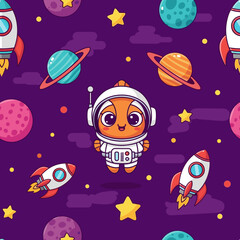 Cute clownfish astronaut in space with planets rockets and stars Fun childlike pattern