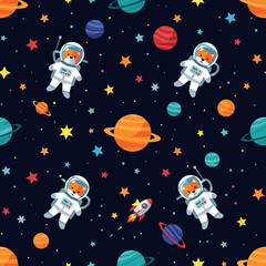 Whimsical cartoon astronaut foxes exploring colorful planets and stars in a space pattern