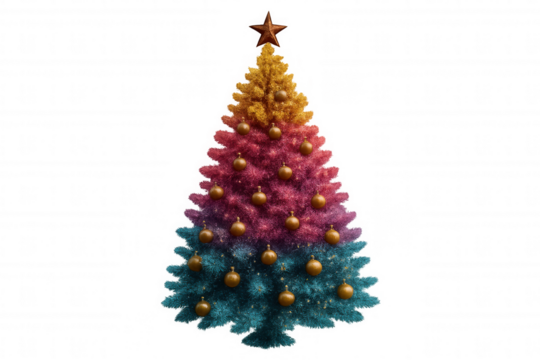 Christmas tree with rainbow gradient color decorating for holiday celebration, star topping, transparent background