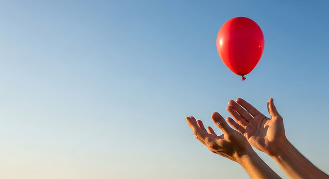 A red balloon floating freely into the blue sky as hands let go, symbolizing freedom, hope, release, and new beginnings. Perfect for concepts of letting go and positive emotions.