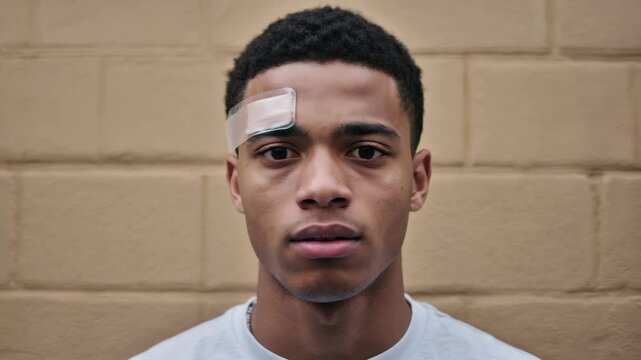 A young man wearing a bandage on his face, likely following an injury.