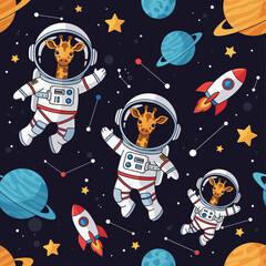 Cute giraffes in astronaut suits explore colorful outer space with planets stars and rockets