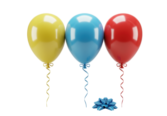 Three vibrant, reflective helium balloons with metallic ribbons and a satin bow, isolated on a transparent background with bright lighting, 45-degree high angle view, concept of elegant product