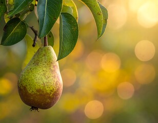Pear on branch, golden light