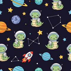 Adorable astronaut snakes and planets in a fun imaginative seamless space pattern for kids