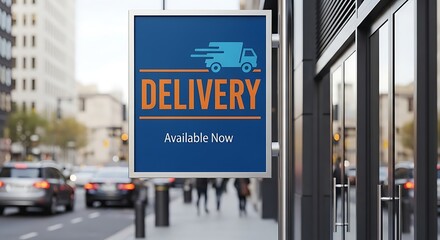 Naklejka premium Promotional delivery service business shop sign in urban environment setting
