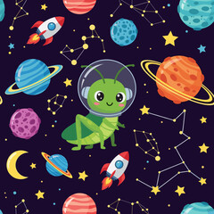 Cute cartoon grasshopper astronaut in space with planets rockets and stars Fun for kids