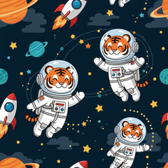 Cute cartoon tigers in astronaut suits explore whimsical outer space with rockets and planets