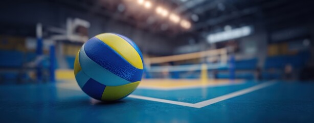 The Volleyball Resting on Indoor Court Near Net in Sports Arena