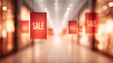Modern shopping mall interior blurred with glowing SALE banners