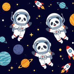 Three cute panda astronauts exploring space with rockets planets and stars Fun childlike adventure