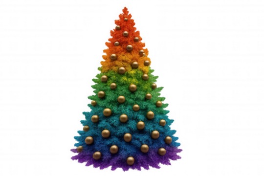Christmas tree with rainbow colors and golden baubles, representing pride, diversity, and celebration, isolated on transparent background