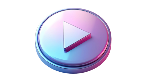 A 3D rendered pastel pink and blue circular button featuring a prominent white play symbol