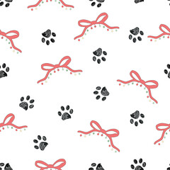 Ribbon with light bulbs and paw prints. Happy new year and Merry Christmas pattern