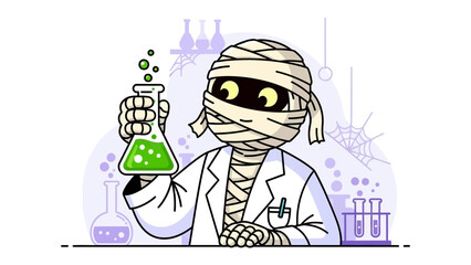 Mummy Scientist's Experiment: A cartoon mummy, dressed in a lab coat, engrossed in a bubbling chemical experiment, his wide eyes alight with fascination.