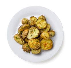 Fried potato wedges in a plate on a white background. Top view