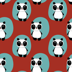 Obraz premium Seamless pattern with cute panda baby on color background. Funny asian animals. Card, postcards for kids. Flat vector illustration for fabric, textile, wallpaper, poster, gift wrapping paper.