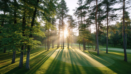Obraz premium Golf course morning sunlight filters through tall pine tree casting long shadow on green grass creating peaceful and serene atmosphere perfect for outdoor recreation and relaxation
