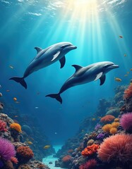 Two dolphins swim underwater near coral reefs and fish. Sun rays penetrate deep blue sea. Aquatic life, marine ecosystem in tropical waters. Ocean environment, underwater world.