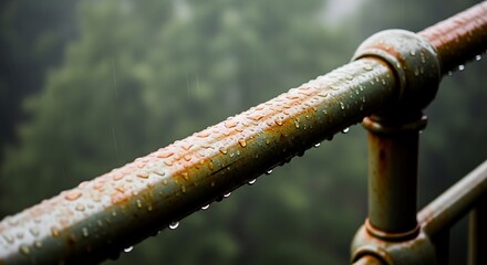 Raindrops clinging to the weathered railing of an old metal structure