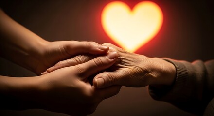 Compassionate Care Young and Elderly Hands Clasped, Heart Symbol Background