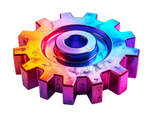 A vibrant, metallic gear with a rainbow gradient, showing signs of wear and texture, set against a black background. Its central hole is layered, showcasing a depth of color