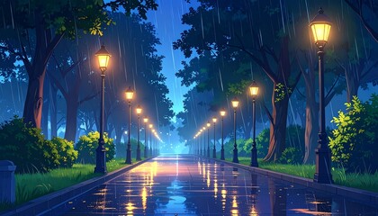 A tranquil, animated illustration of a tree-lined path in the rain, illuminated by street lights reflecting on the wet ground