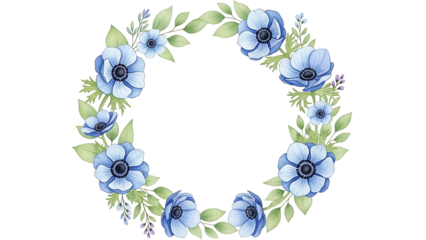 Delicate floral wreath of light blue anemones and greenery