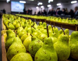 Pears displayed in rows on trays