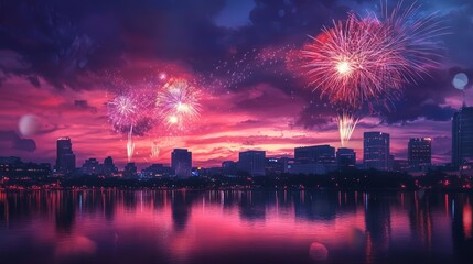 City skyline with a beautiful sunset in the background. The sky is filled with fireworks, creating a festive atmosphere