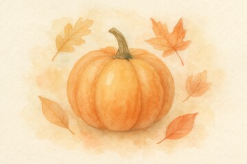 Watercolor illustration of pumpkin surrounded by autumn leaves on soft beige background, perfect for fall or harvest themes.
