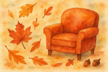Autumn cozy armchair surrounded by falling orange leaves and acorns, watercolor illustration.