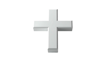 A simple, white, three-dimensional cross, rendered against a black background;  it has slightly beveled edges giving a sense of depth