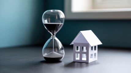 Time and Real Estate: An hourglass stands beside a miniature house, the sand trickling down symbolizing the passage of time. A visual representation of homeownership concepts.