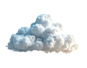 A fluffy, cumulus cloud, predominantly white with subtle shading suggesting depth and light, isolated on a black background.  Its form is rounded and textured, appearing soft and three-dimensional