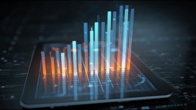 Data Ascent: A digital tablet displays a vibrant, illuminated bar graph visualizing business growth and financial success, symbolizing the upward trajectory of market trends.