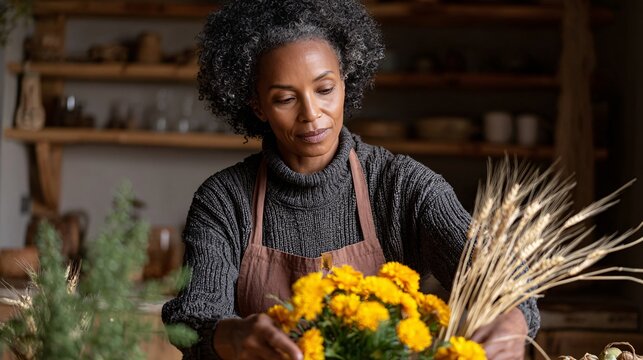 A middle-aged Black woman arranges yellow flowers for Thanksgiving decor Generative AI