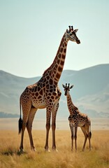Obraz premium Adult giraffe with baby giraffe in savanna. African wildlife photo of giraffa camelopardalis family in wild nature. Travel adventure, safari trip in Tanzania, Kenya. Herd of giraffes in Serengeti