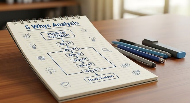 Notebook displaying the '5 Whys Analysis' with a problem statement flow