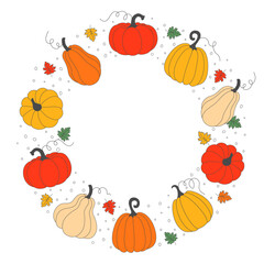 Autumn wreath with pumpkins and leaves. Bright vector illustration with pumpkins circle frame and space for text inside. Perfect for Thanksgiving, Halloween, seasonal decor, and autumn themed projects