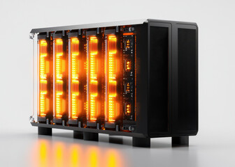 High tech server rack with glowing orange lights, showcasing advanced technology and modern design. Ideal for data centers and IT environments